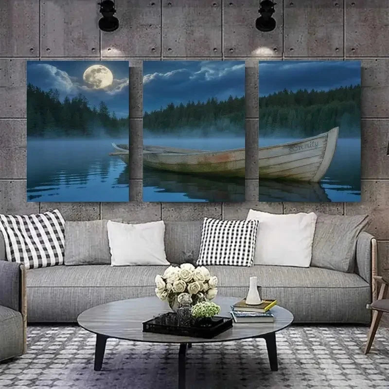 3pcs Full Moon Rowboat Pine Trees Calm Lake Metal Print Ready to Hang Art