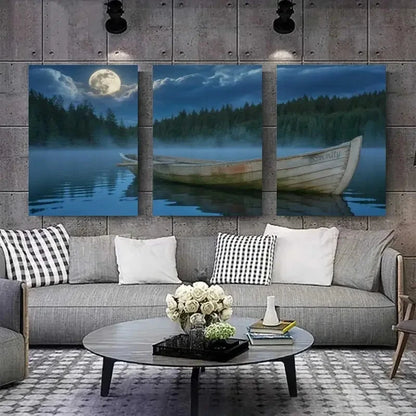 3pcs Full Moon Rowboat Pine Trees Calm Lake Metal Print Ready to Hang Art