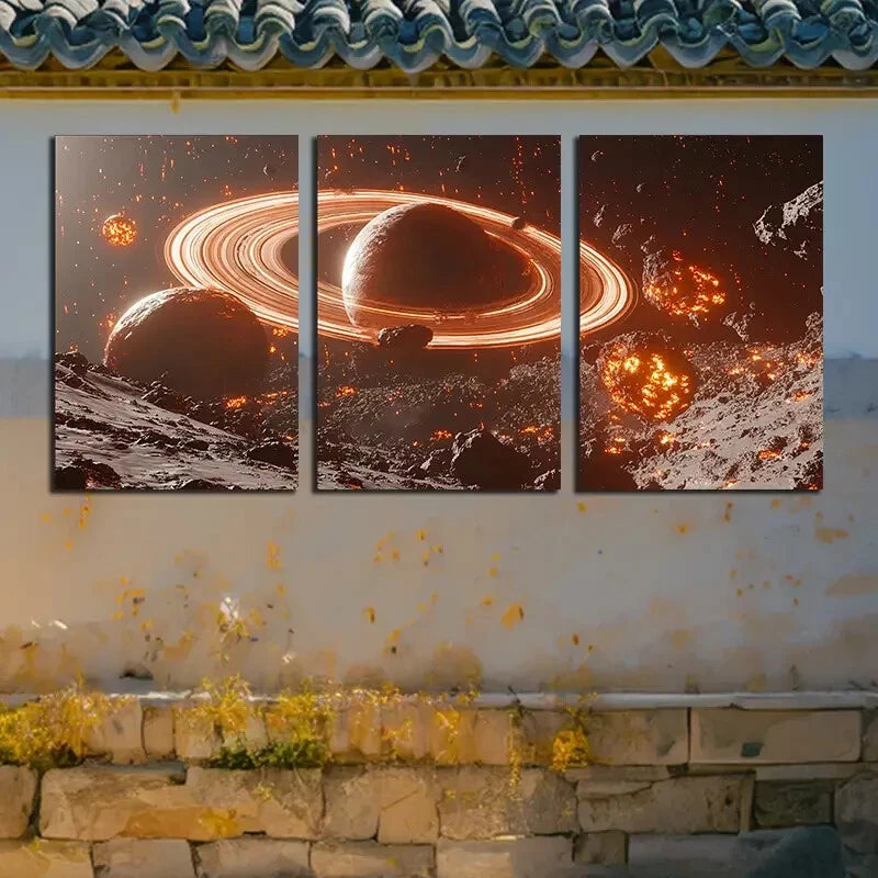 3pcs Vibrant Space Planets Theme Illustration Metal Print Ready to Hang Art