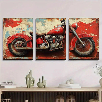 3pcs Motorcycle Red Themed Vintage Metal Print Ready to Hang Art