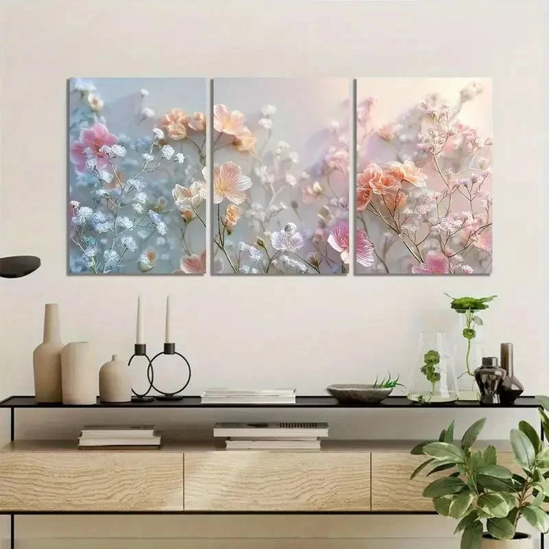 3pcs Colored Wallpaper with Flowers Painting Metal Print Ready to Hang Art