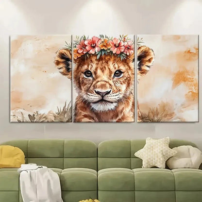 3pcs Watercolour Lion Cub with Flower Crown TI Wall Art Set Canvas Framed 50x70cm - High Quality Print 100% Australian Made Wall Canvas Ready to Hang