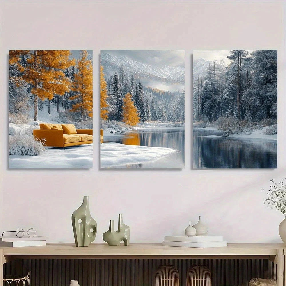 3pcs Snowy Mountain & Winter Forest Scenery Metal Print Ready to Hang Art
