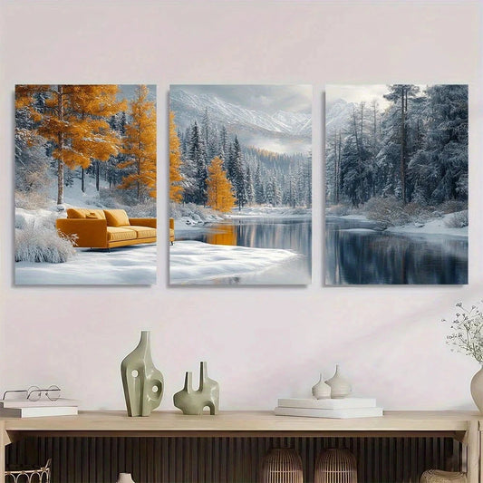 3pcs Snowy Mountain & Winter Forest Scenery Metal Print Ready to Hang Art