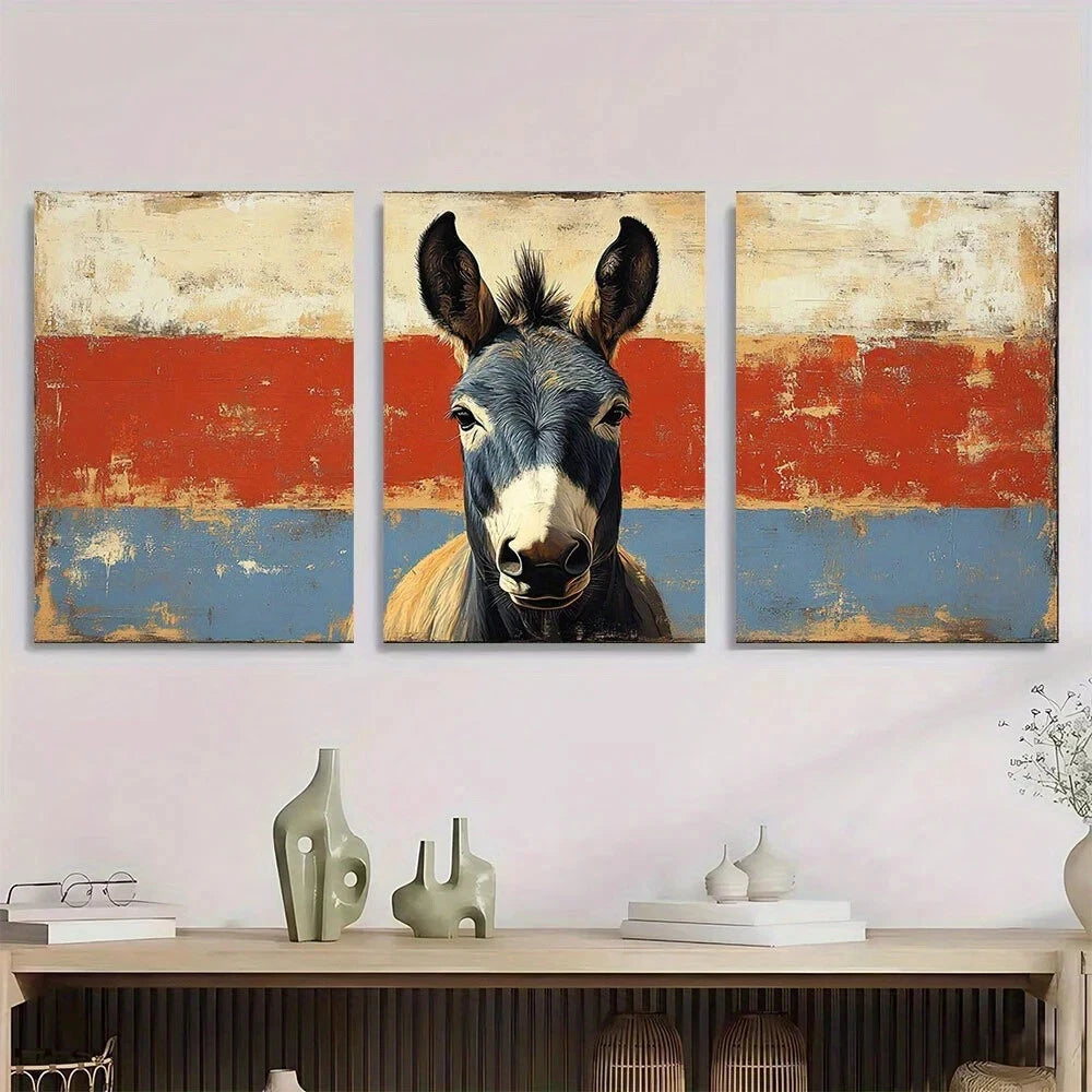 3pcs Vintage Texas Donkey Earthy Tones Metal Print Ready to Hang Art