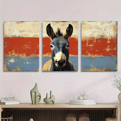 3pcs Vintage Texas Donkey Earthy Tones Metal Print Ready to Hang Art