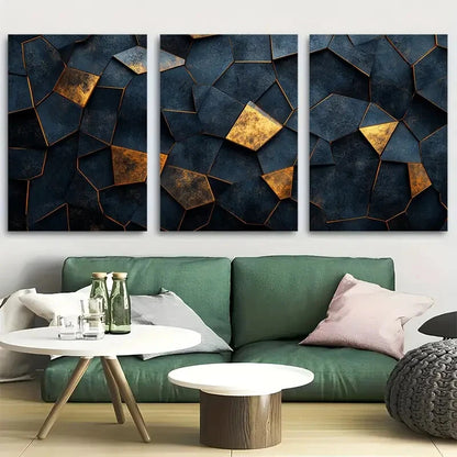 3pcs Black Tan Grid Polygon Pattern Illustration Metal Print Ready to Hang Art