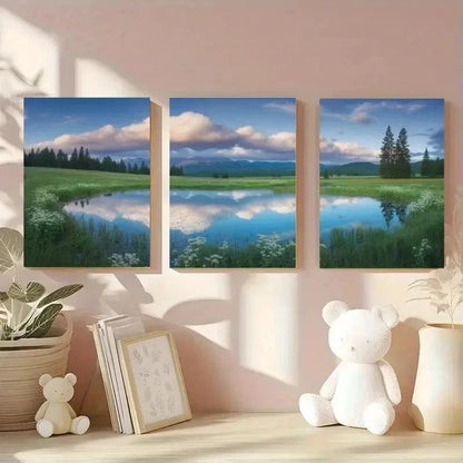 3pcs Green Meadow, Mountain, Lake, Pine Trees Wall Art Set Canvas Framed 40x60cm - High Quality Print 100% Australian Made Wall Canvas Ready to Hang