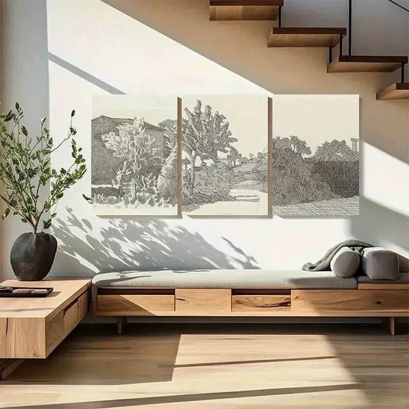 3pcs Sketch Country Landscape by Morandi Metal Print Ready to Hang Art