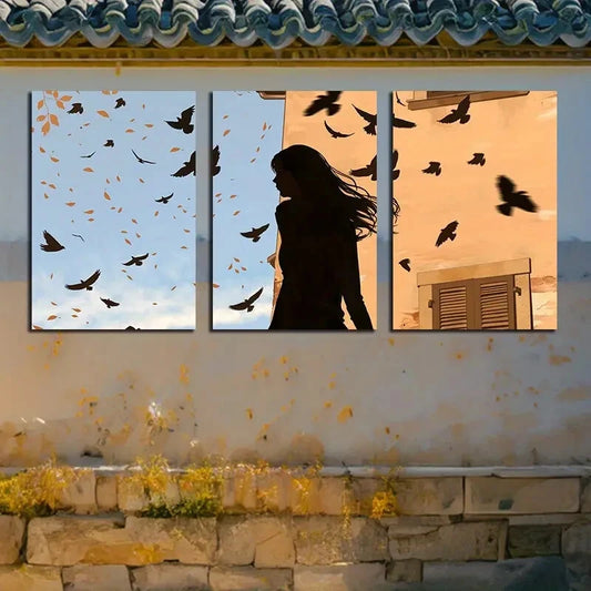 3pcs Silhouette Woman and Birds Illustration Metal Print Ready to Hang Art
