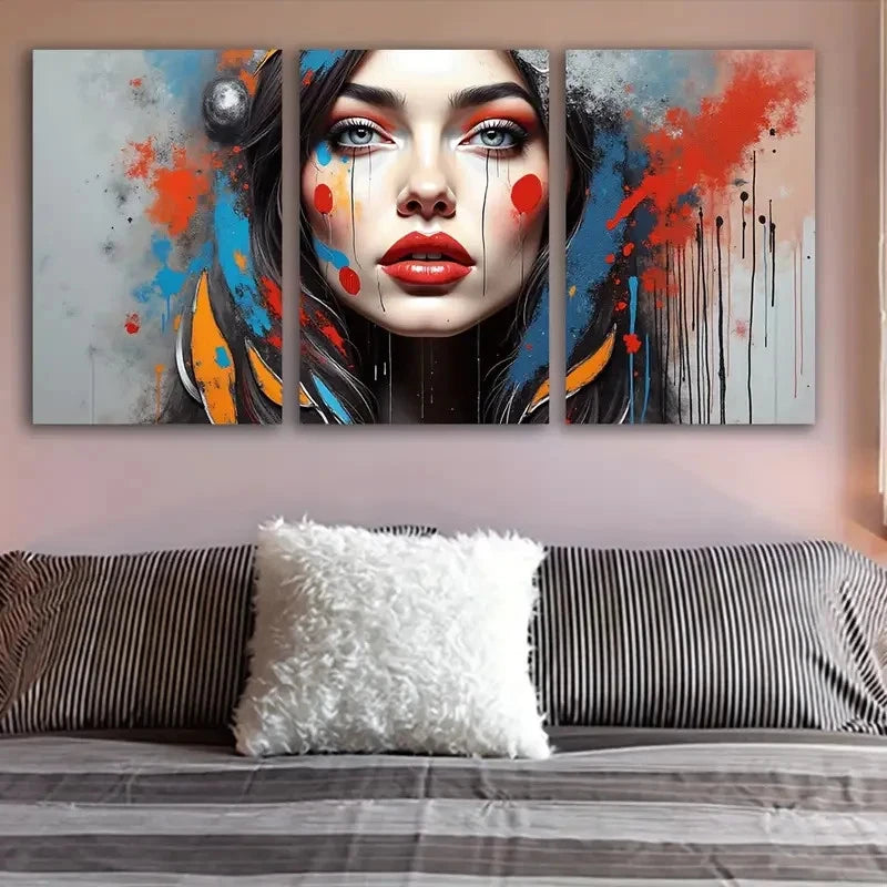3pcs Vibrant Abstract Woman Face Paintings Wall Art Set Canvas Framed 50x70cm - High Quality Print 100% Australian Made Wall Canvas Ready to Hang