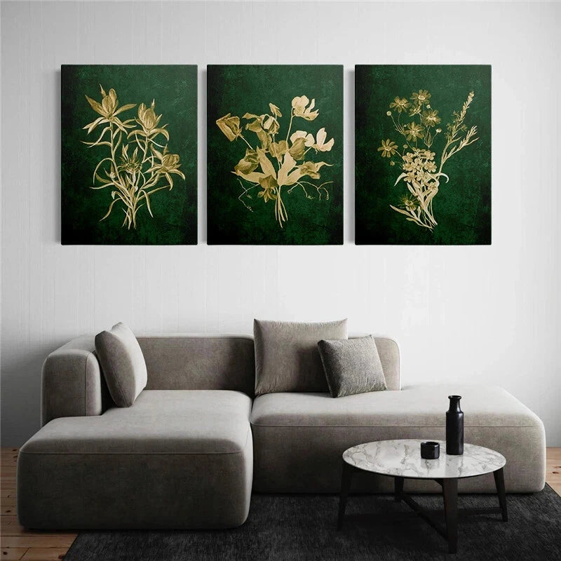 3pcs Green and Golden Botanical Elegant Metal Print Ready to Hang Art