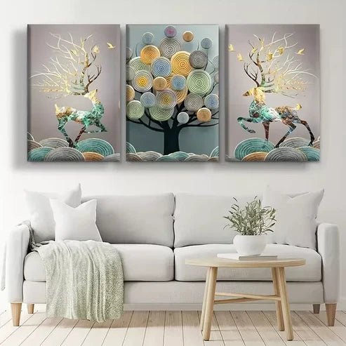 3pcs Abstract Chinese Feng Shui Golden Rich Tree Canvas Framed 60x90 cm - High Quality Print 100% Australian Made Wall Canvas Ready to Hang