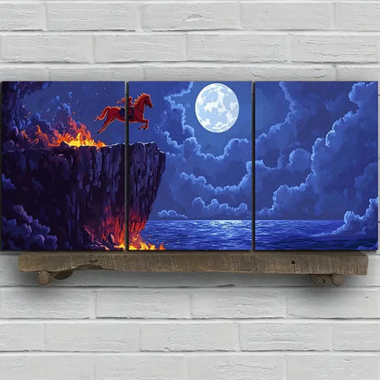 3pcs Red Horse Jumping Under Moonlight Metal Print Ready to Hang Art