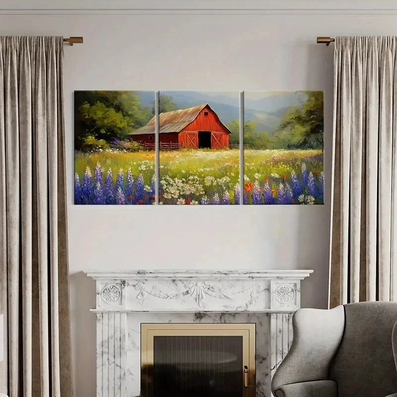 3pcs Red Barn Floral Meadow Mountain Landscape Metal Print Ready to Hang Art