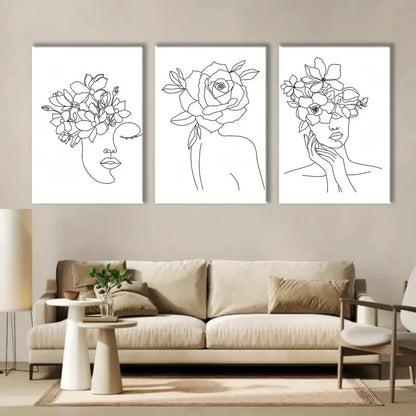 3pcs Black & White Floral Woman Illustrations Metal Print Ready to Hang Art