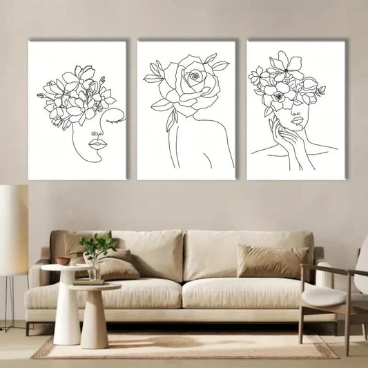 3pcs Black & White Floral Woman Illustrations Metal Print Ready to Hang Art