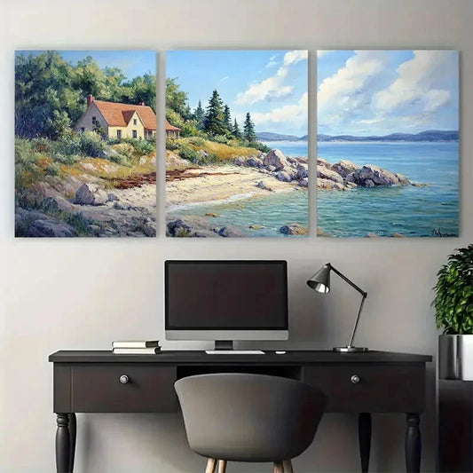3pcs Coastal Landscape with House by a Rocky Beach Metal Print Ready to Hang Art
