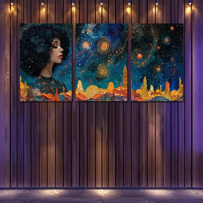 3pcs Woman Looking into a Cosmic Landscape Metal Print Ready to Hang Art