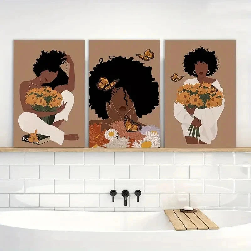 3pcs Boho Black Girl Sunflower Posters Painting Metal Print Ready to Hang Art