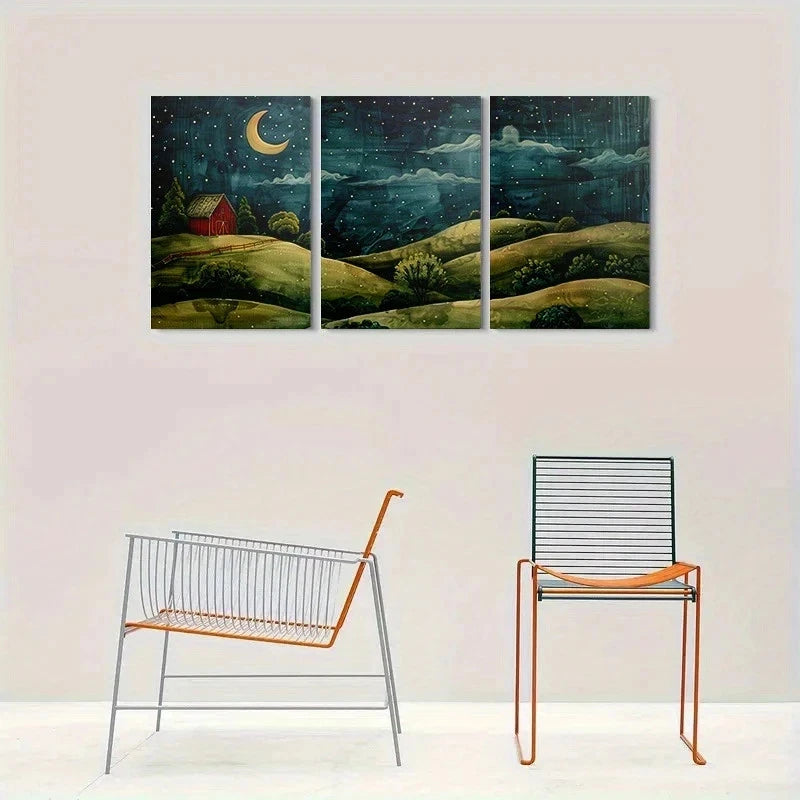 3pcs Starry Night Moonlit Farmhouse Scene Metal Print Ready to Hang Art