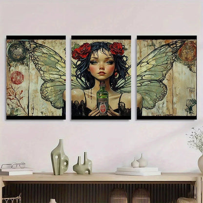 3pcs Green Fairy with Roses & Absinthe Metal Print Ready to Hang Art