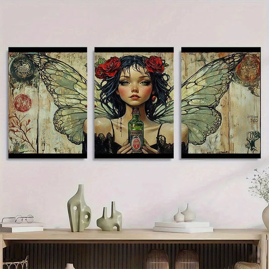 3pcs Green Fairy with Roses & Absinthe Metal Print Ready to Hang Art