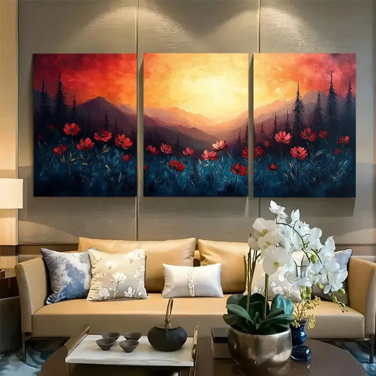 3pcs Vibrant Inspirational Landscape with Florals Metal Print Ready to Hang Art