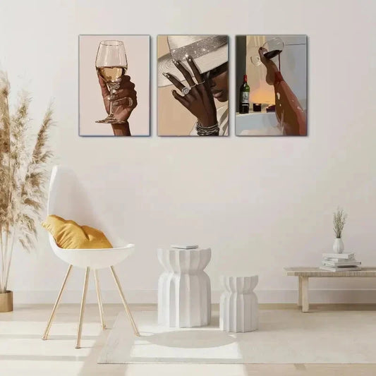 3pcs Elegant Wine Glass Fashionable Hat Metal Print Ready to Hang Art
