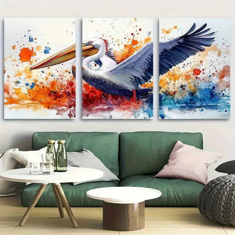 3pcs Pelican Watercolor Bird Design Metal Print Ready to Hang Art