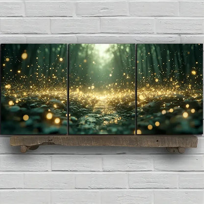 3pcs Fireflies In The Forest Golden Metal Print Ready to Hang Art