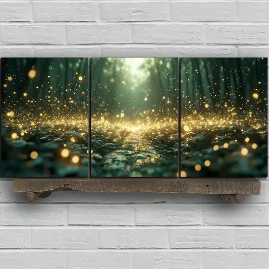 3pcs Fireflies In The Forest Golden Metal Print Ready to Hang Art