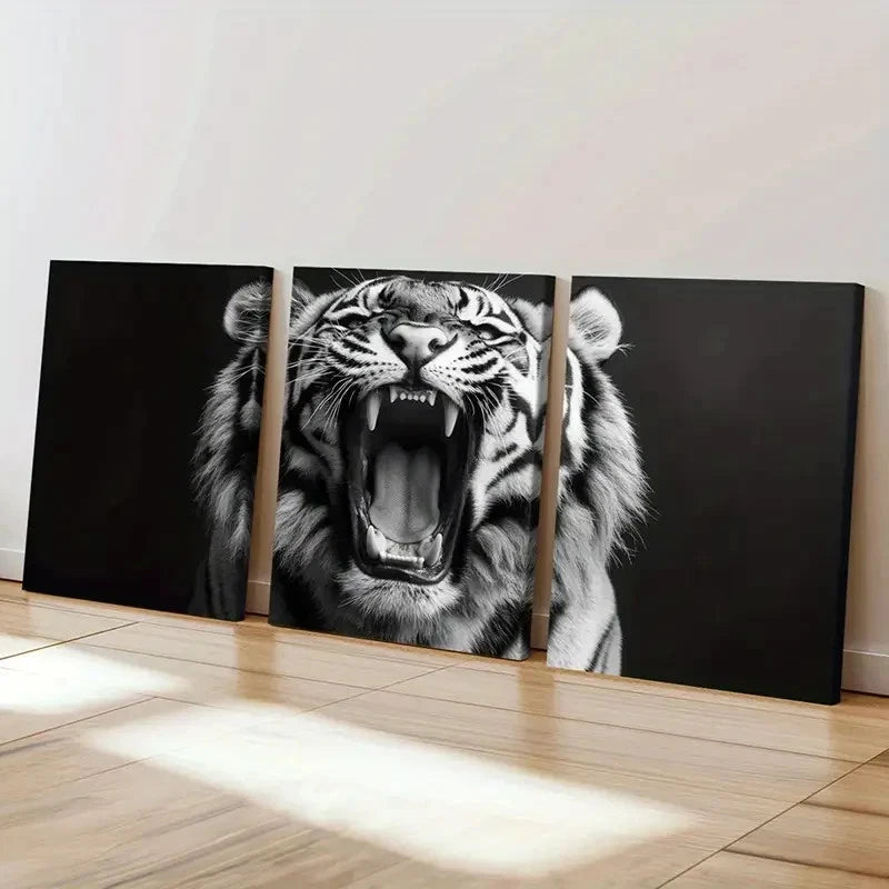 3pcs Black And White Modern Art Tiger Painting Wall Art Set Canvas Framed 50x70cm - High Quality Print 100% Australian Made Wall Canvas Ready to Hang