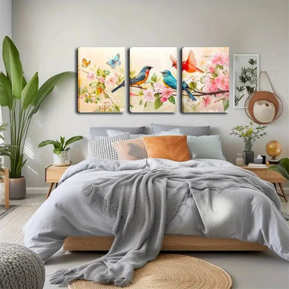 3pcs Vibrant Birds Pink Flower Branches Perfect Wall Art Set Canvas Framed 40x60cm - High Quality Print 100% Australian Made Wall Canvas Ready to Hang