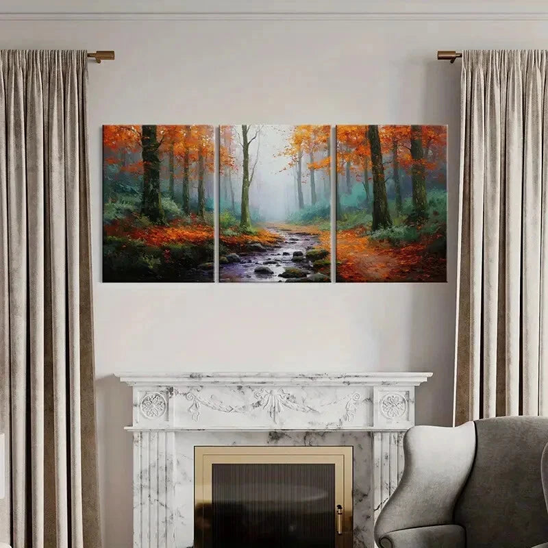 3pcs Autumn Forest Stream Landscape Warm Colors Metal Print Ready to Hang Art