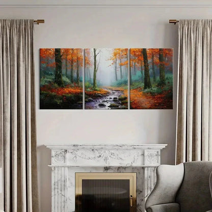 3pcs Autumn Forest Stream Landscape Warm Colors Metal Print Ready to Hang Art