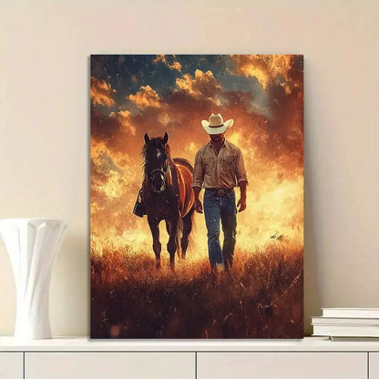 Rustic Cowboy and Horse Vibrant Sunset Scene 40x60cm Metal Print Ready to Hang