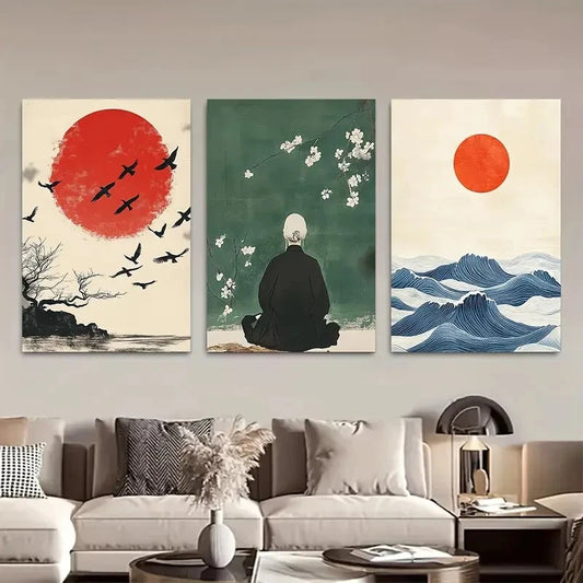 3pcs Minimalist Japanese Style Meditation Red Sun Metal Print Ready to Hang Art
