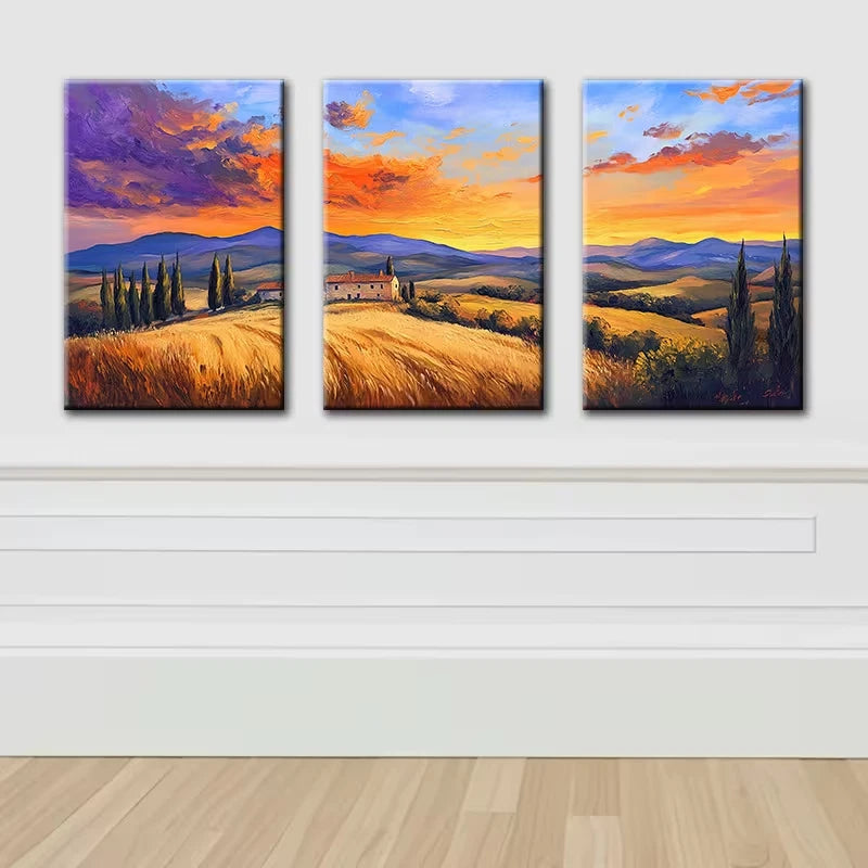 3pcs Sunset Fields Illustration Wall Art Set Canvas Framed 60x90cm - High Quality Print 100% Australian Made Wall Canvas Ready to Hang