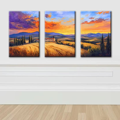 3pcs Sunset Fields Illustration Wall Art Set Canvas Framed 60x90cm - High Quality Print 100% Australian Made Wall Canvas Ready to Hang