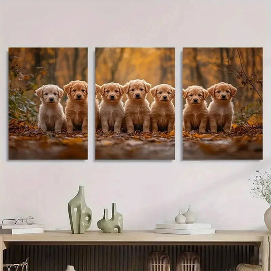 3pcs Adorable Golden Retriever Puppies Autumn Metal Print Ready to Hang Art