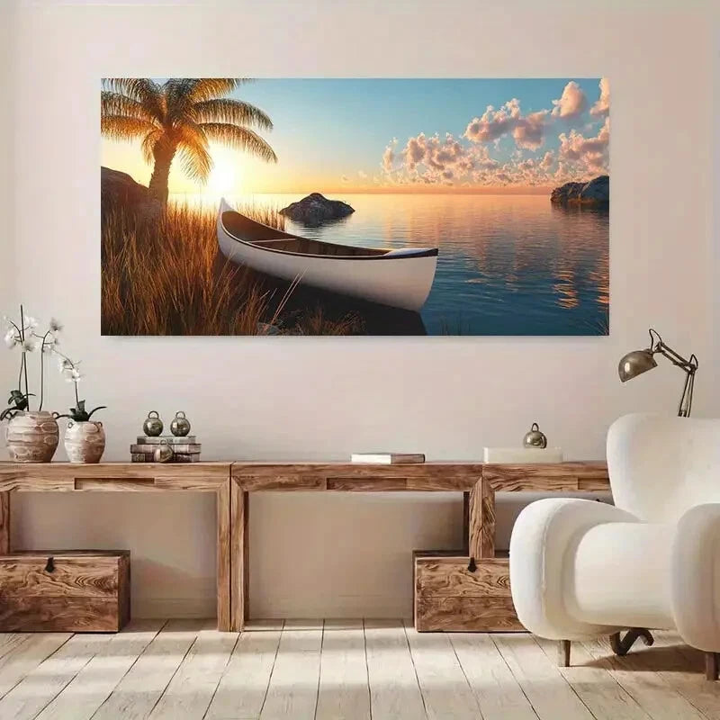 Cloudy Sunset Canoe Lake wall canvas office home room framed 120x60cm - Bella Home Decor