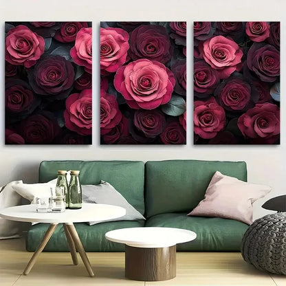 3pcs Burgundy Roses Floral Arrangement Metal Print Ready to Hang Art