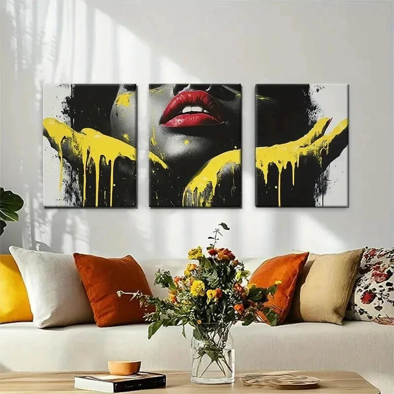 3pcs Abstract Black and Golden Lips Perfect Wall Art Set Canvas Framed 50x70cm - High Quality Print 100% Australian Made Wall Canvas Ready to Hang
