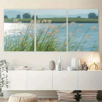 3pcs Reed Grass Blue Water Landscape Painting Metal Print Ready to Hang Art
