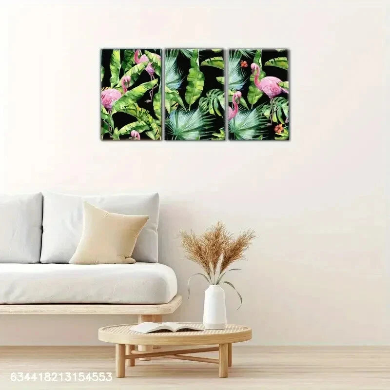 3pcs Tropical Flamingo & Exotic Leaves Metal Print Ready to Hang Art