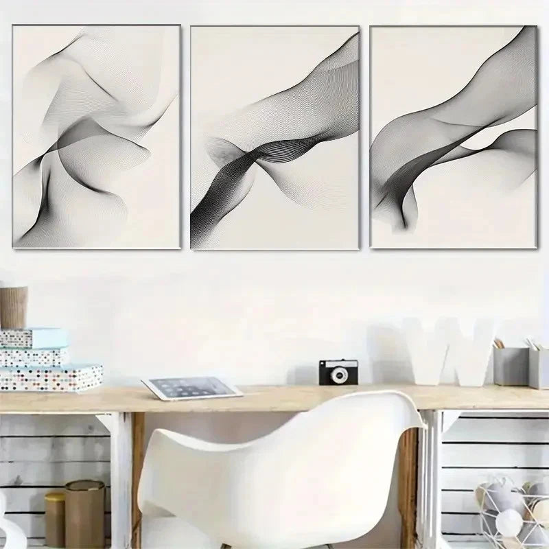 3pcs Simple Black and White Abstract Wave Metal Print Ready to Hang Art