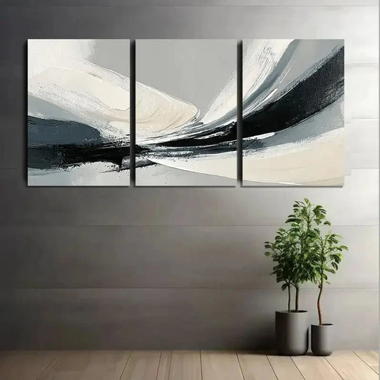 3pcs Abstract Black Gray and White Brushstroke Metal Print Ready to Hang Ar