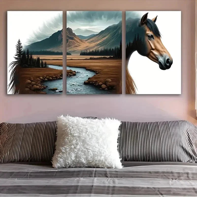 3pcs Horse Standing Indoors Scene Wall Art Set Canvas Framed 50x70cm - High Quality Print 100% Australian Made Wall Canvas Ready to Hang