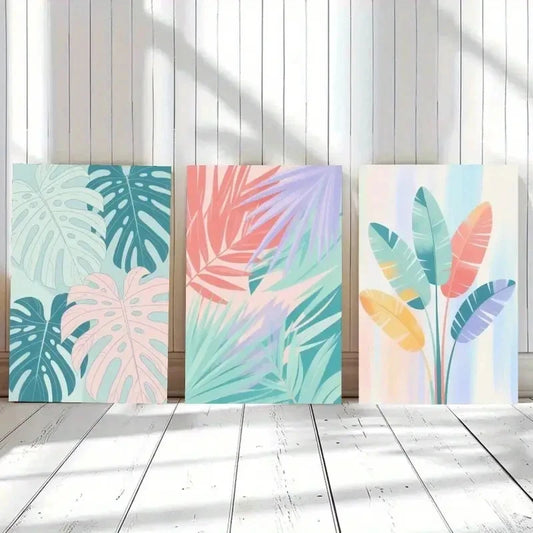 3pcs Pastel Botanical Prints in Blue Pink Green Metal Print Ready to Hang Art